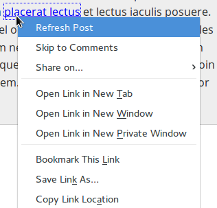 The same context menu as earlier is shown, with custom menu items in the same order, even though the user is right-clicking on a link. The user mistakenly hovers over "Refresh post".