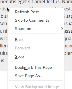 A computer context menu is shown hovering over a web page. Custom menu items are shown at the top: "Refresh Post", "Skip to Comments", and "Share on…".