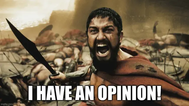 A meme of King Leonidas from the film 300 screaming, "I have an opinion!"