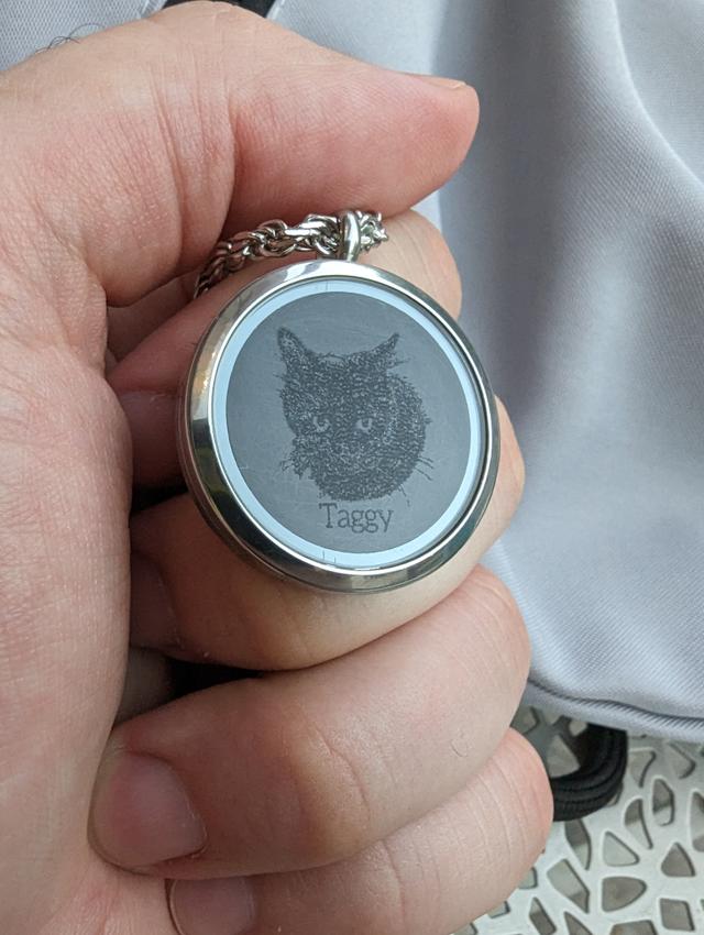 A silver and glass pendant containing Taggy's hair, with Taggy's face and name imprinted on the front.