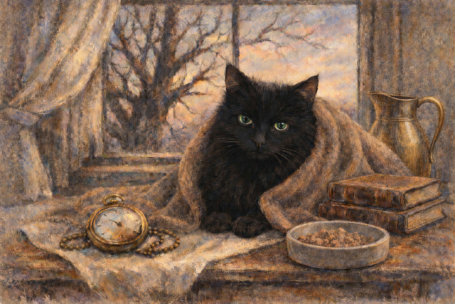 An illustration of Kika on a desk with a blanket wrapped around her. Kika looks tired but grateful.